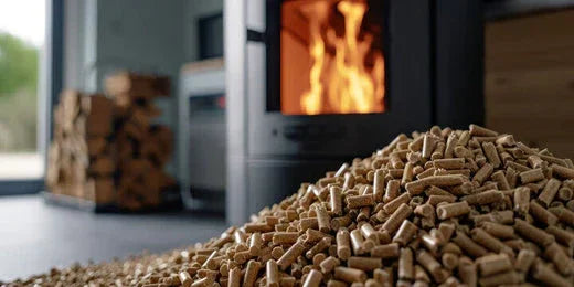 Primer plano de pellets de madera frente a una estufa de pellet encendida en un ambiente interior moderno