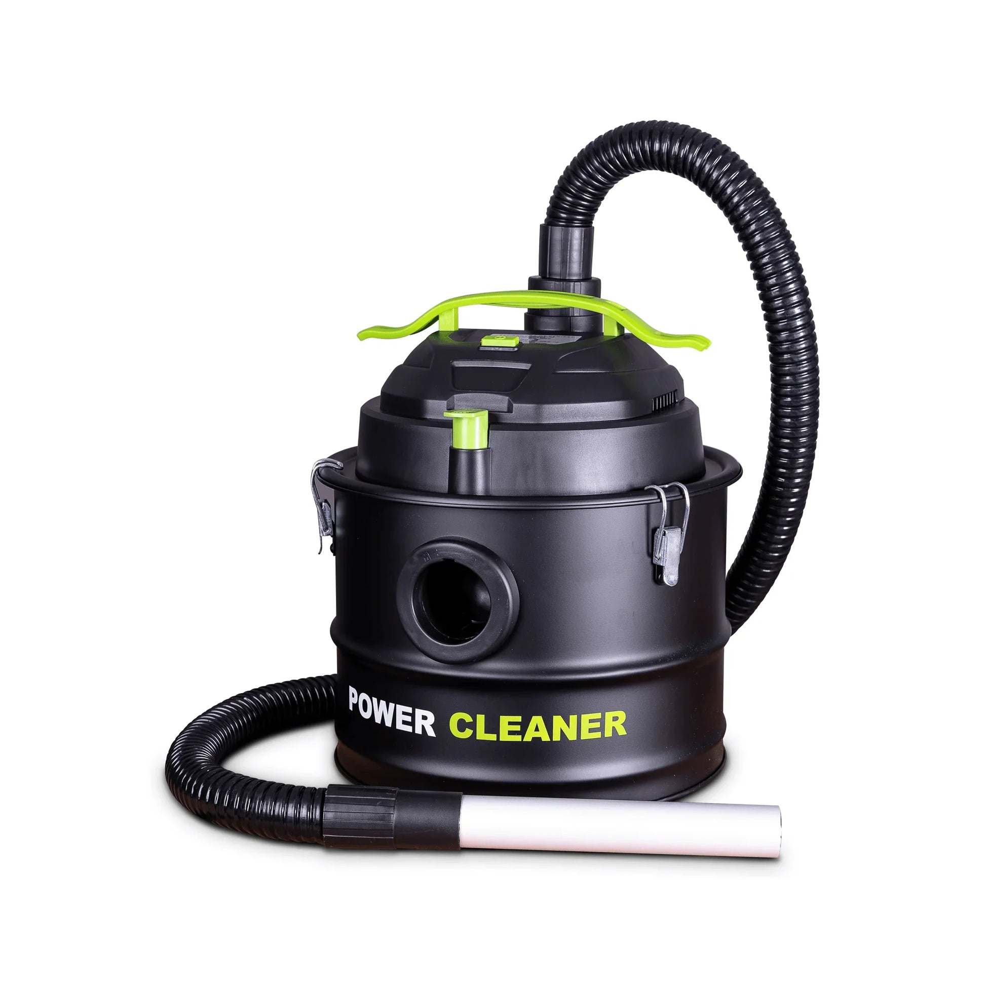 Aspiradora de cenizas negra con detalles verdes y manguera flexible para limpieza de estufas a pellet