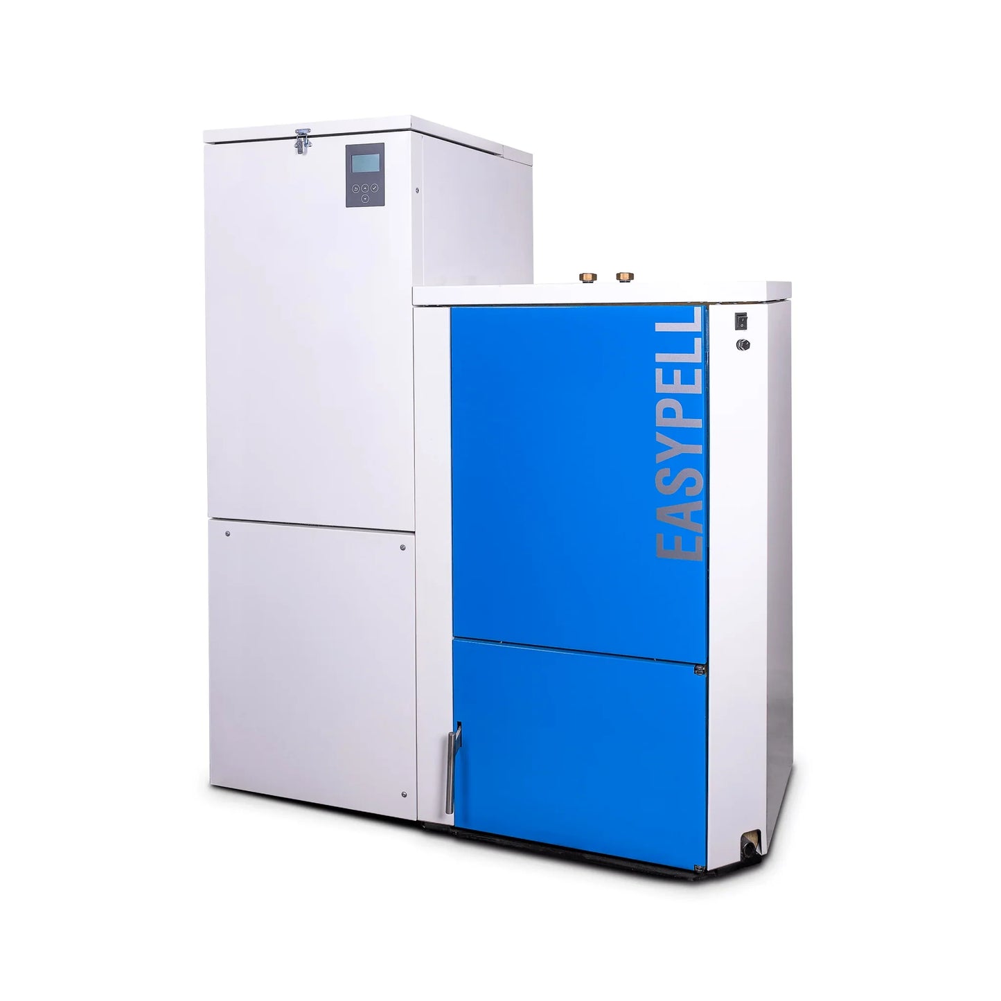 Caldera de pellet blanca con puerta azul y pantalla digital, modelo EasyPell, calefacción eficiente