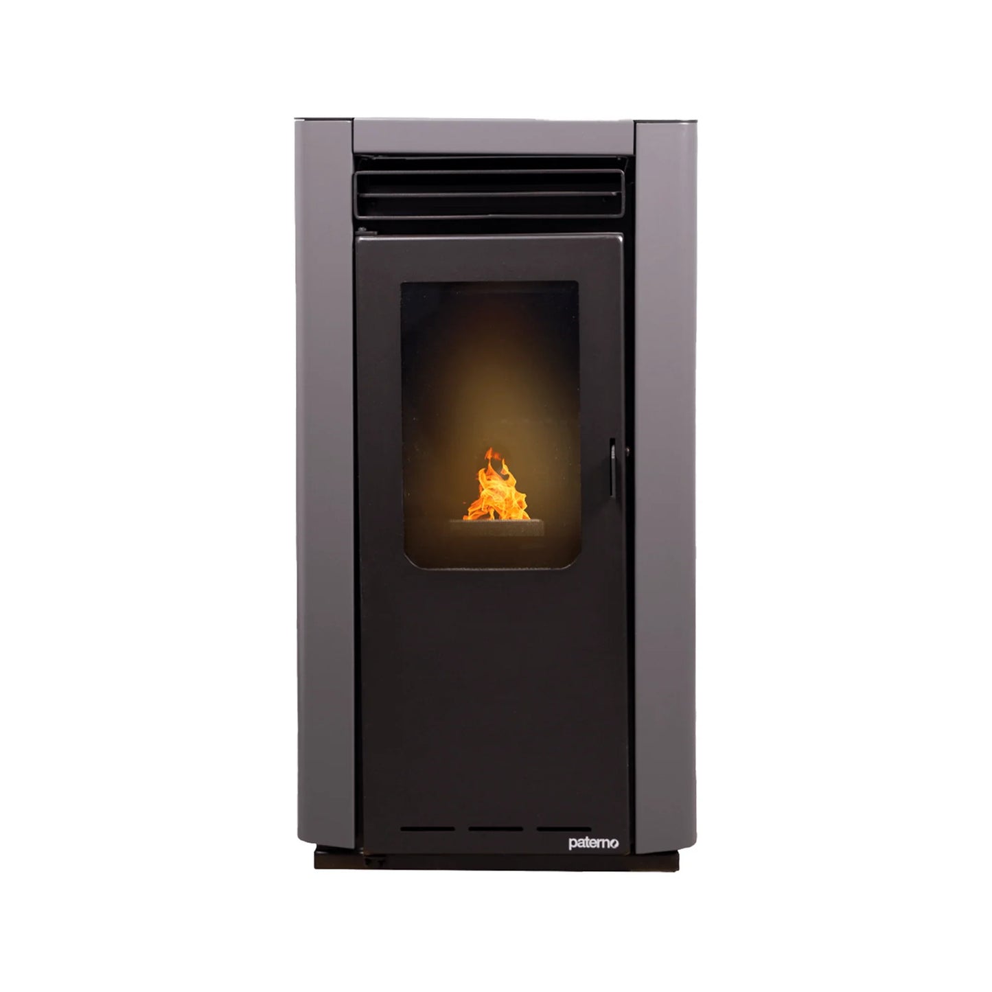 Estufa moderna Paterno con diseño negro y gris, combustión visible a través del vidrio frontal