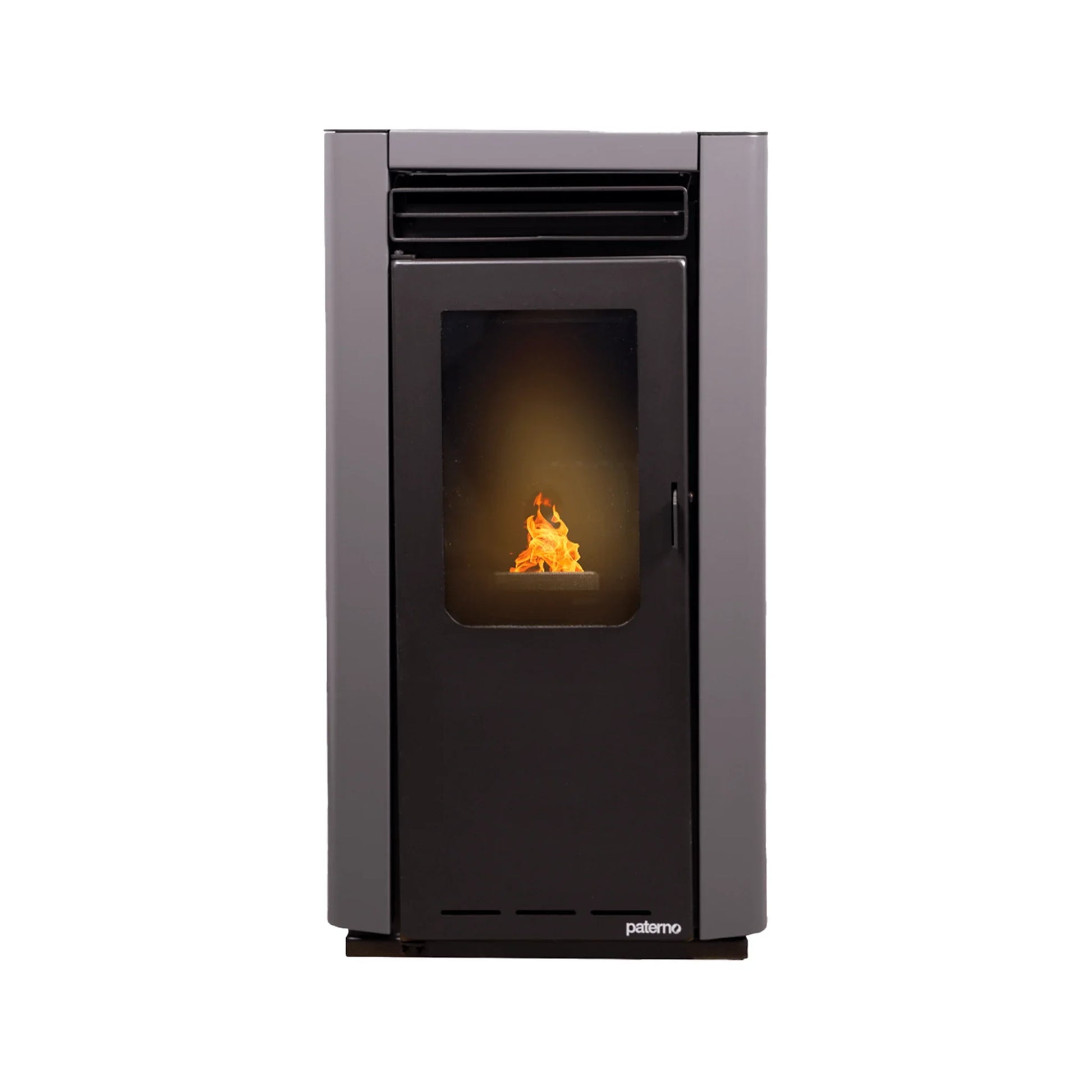 Estufa moderna Paterno con diseño negro y gris, combustión visible a través del vidrio frontal