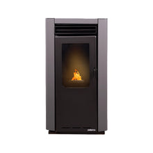 Estufa moderna Paterno con diseño negro y gris, combustión visible a través del vidrio frontal