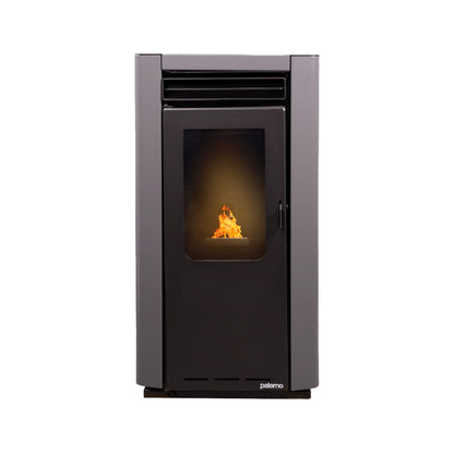 Estufa moderna Paterno con diseño negro y gris, combustión visible a través del vidrio frontal