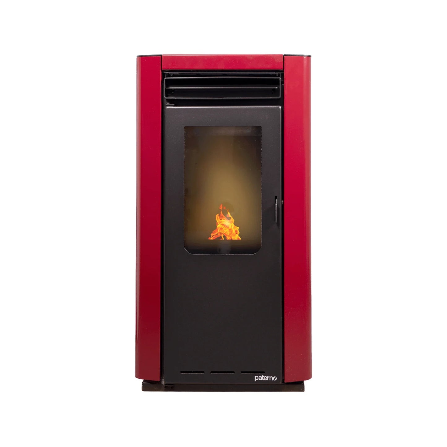 Estufa pellet roja con puerta negra y fuego visible, marca Paterno