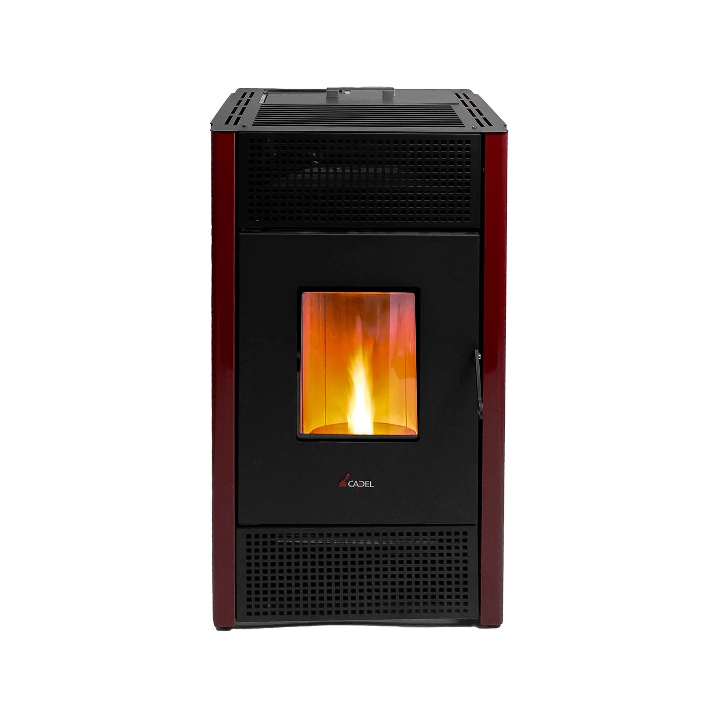Estufa de pellet Cadel color burdeos con puerta negra y calefacción eficiente