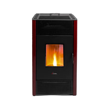 Estufa de pellet Cadel color burdeos con puerta negra y calefacción eficiente