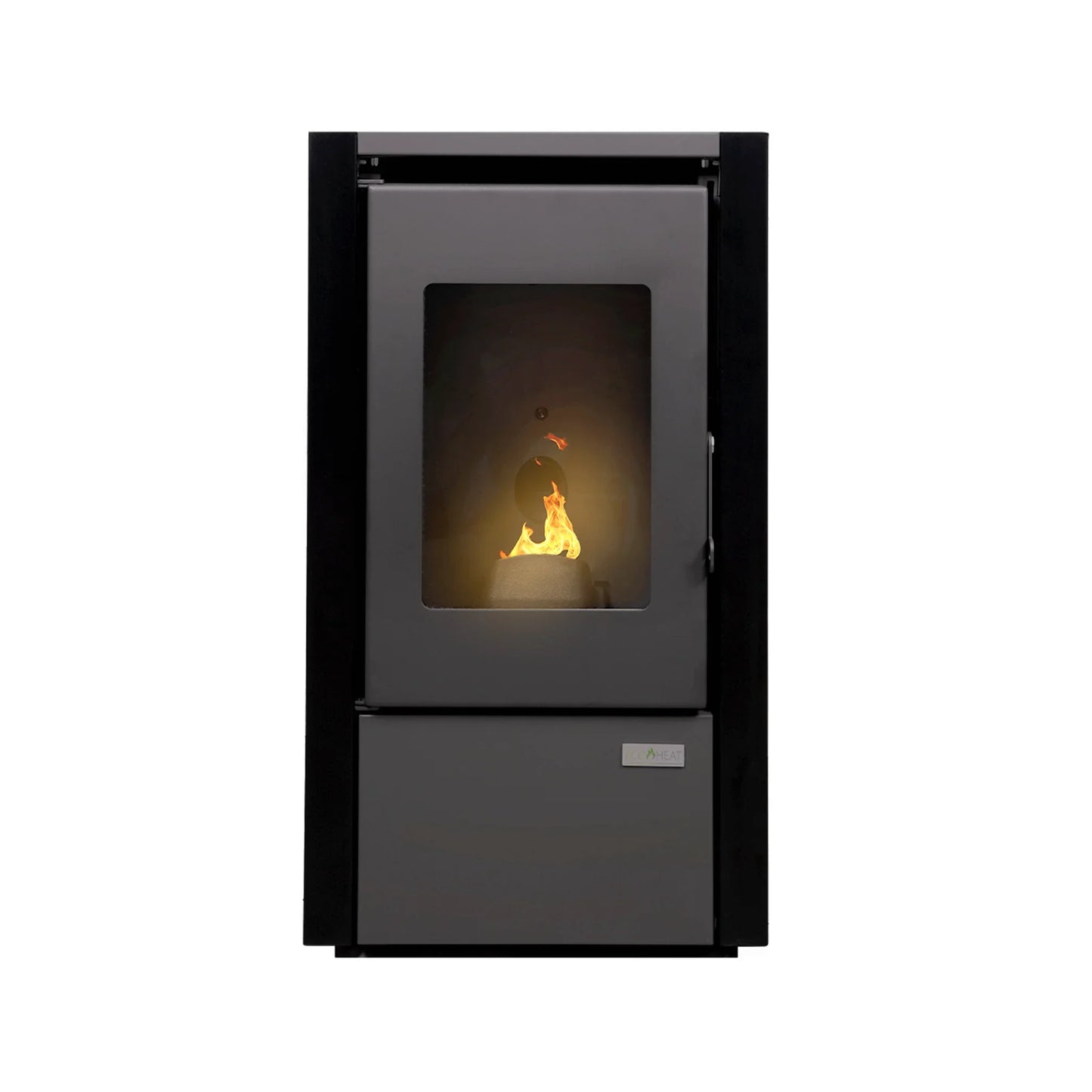 Estufa moderna de pellet gris y negra con fuego visible y puerta con ventana de vidrio