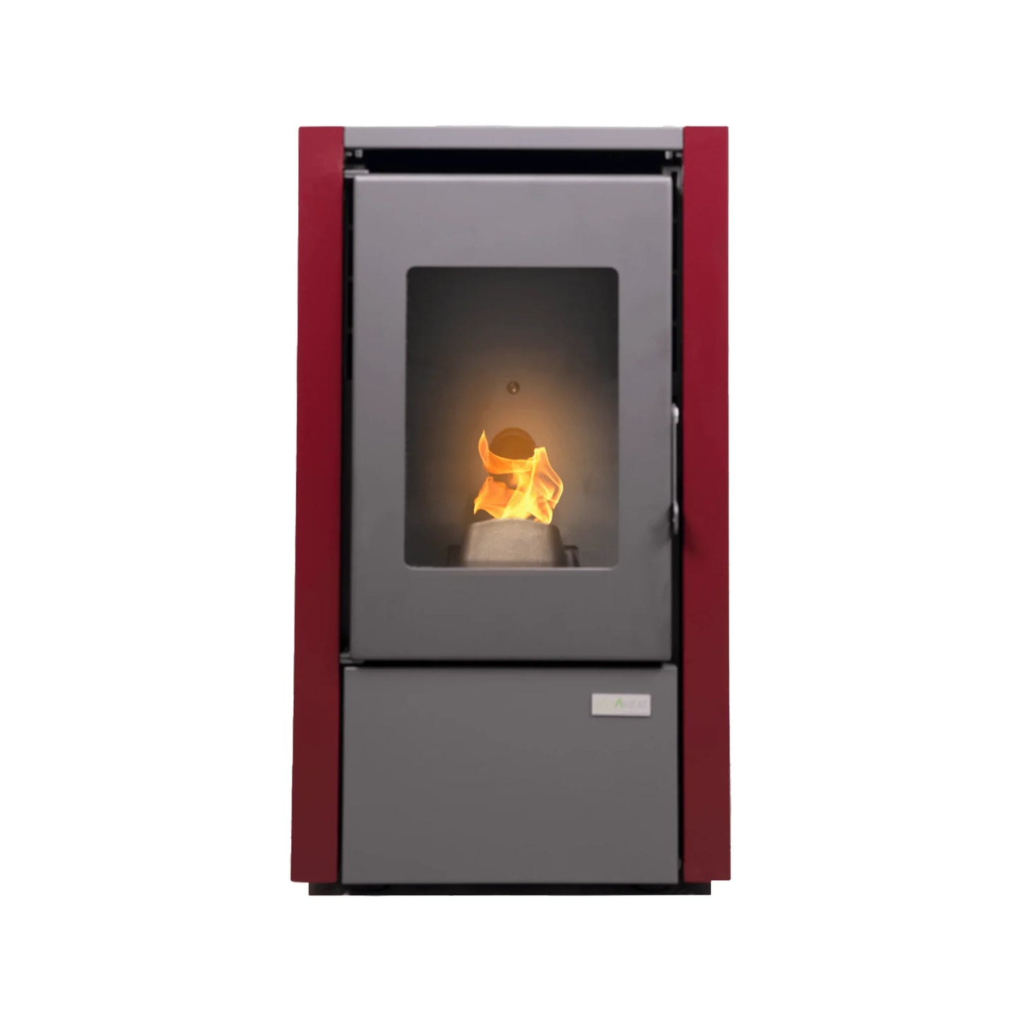 Estufa moderna de pellets roja y gris con puerta de vidrio y fuego visible