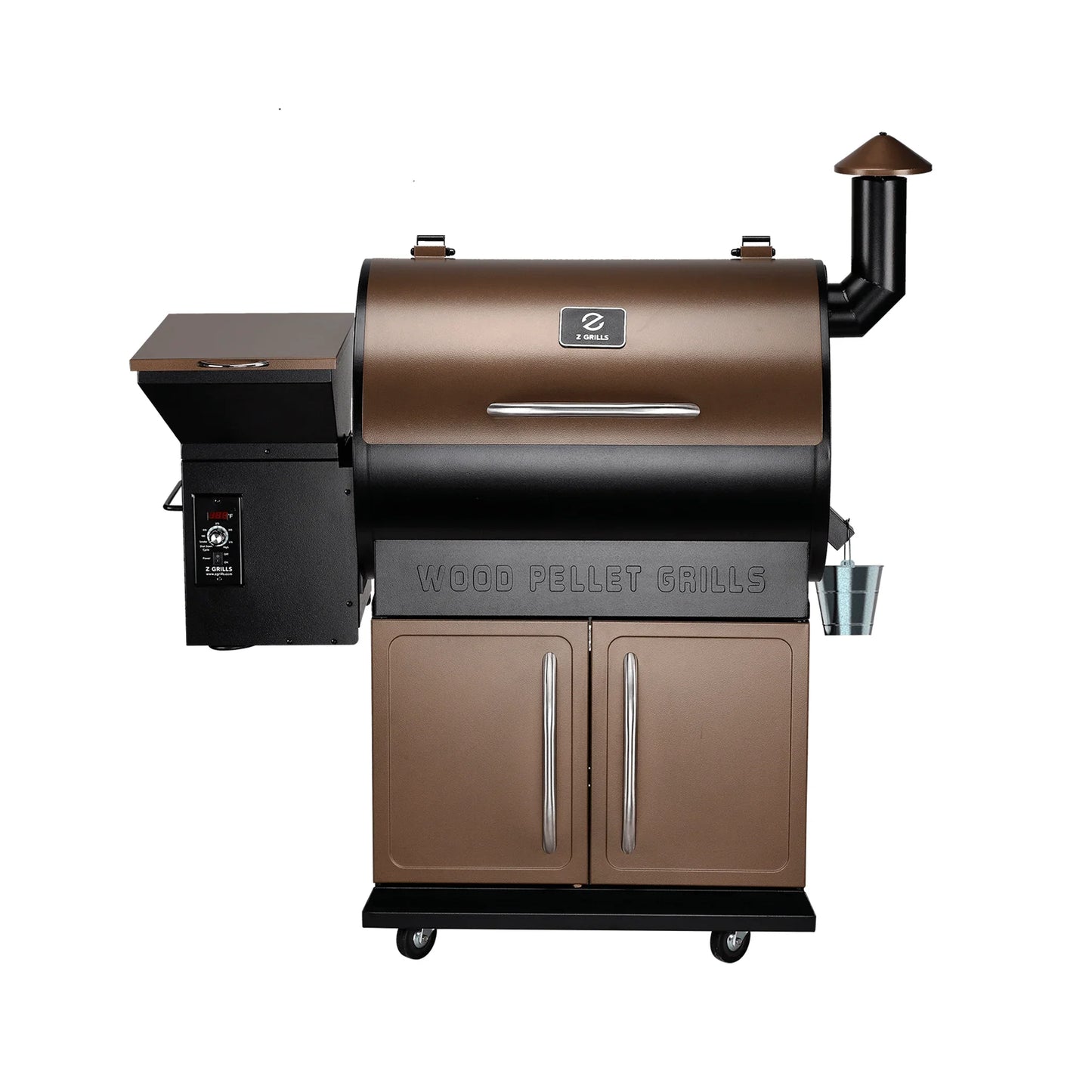 Parrilla pellet Z Grills a pellet marrón y negra con control digital, ruedas y compartimentos de almacenaje