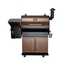 Parrilla pellet Z Grills a pellet marrón y negra con control digital, ruedas y compartimentos de almacenaje