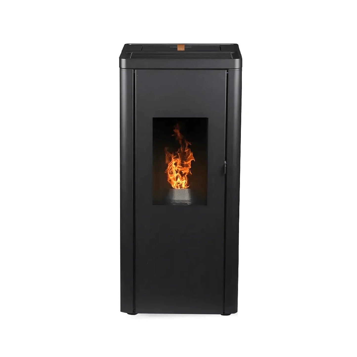 Estufa de pellets negra moderna con ventana frontal mostrando llama encendida interior