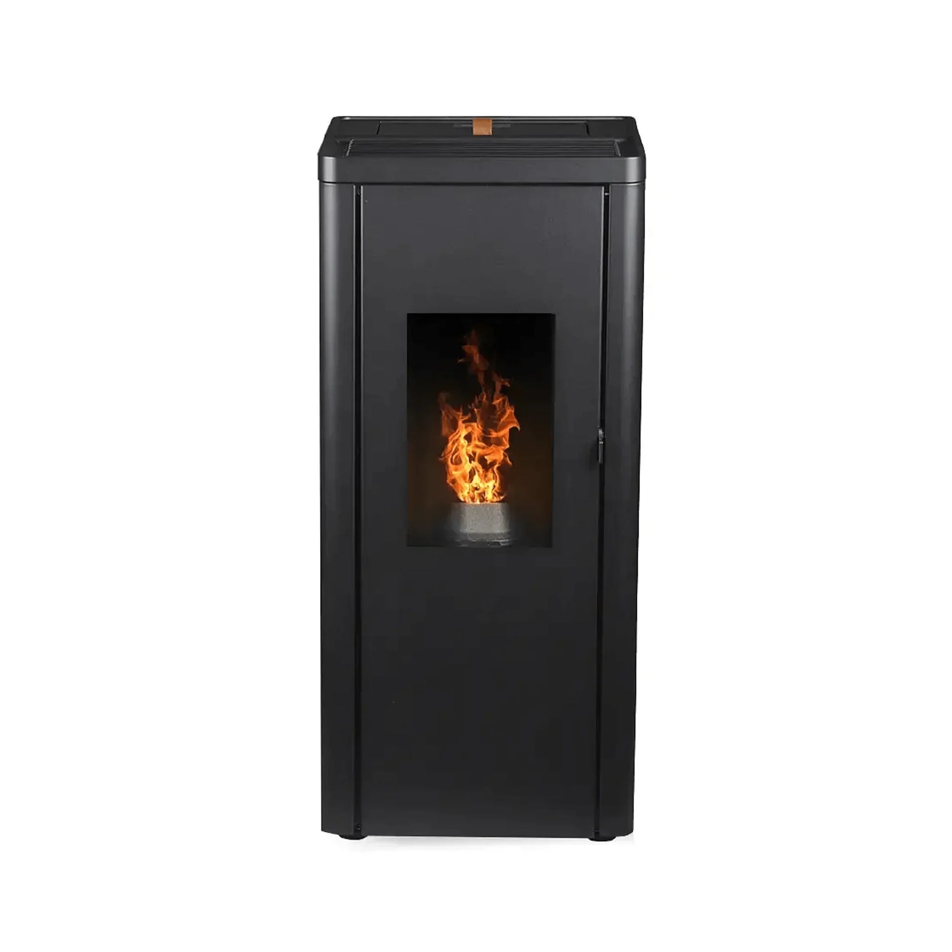 Estufa de pellets negra moderna con ventana frontal mostrando llama encendida interior