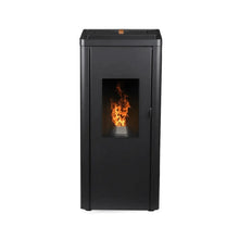 Estufa de pellets negra moderna con ventana frontal mostrando llama encendida interior