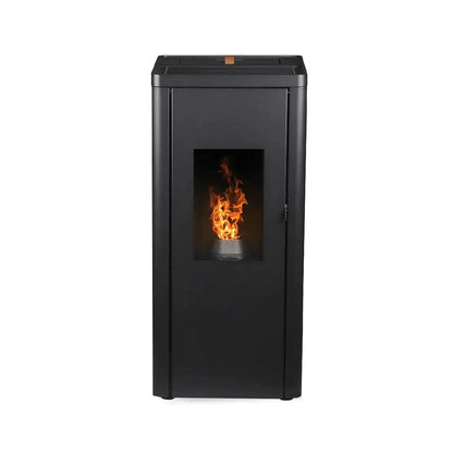 Estufa de pellets negra moderna con ventana frontal mostrando llama encendida interior