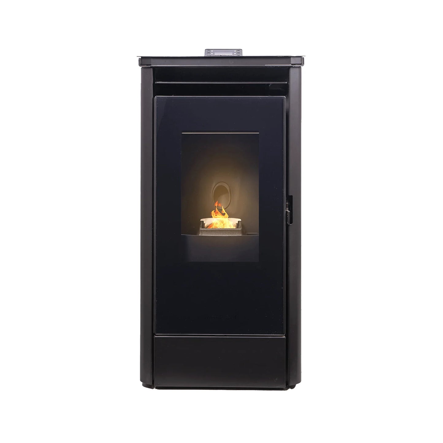 Estufa de pellets negra con puerta frontal de vidrio y llama visible en interior