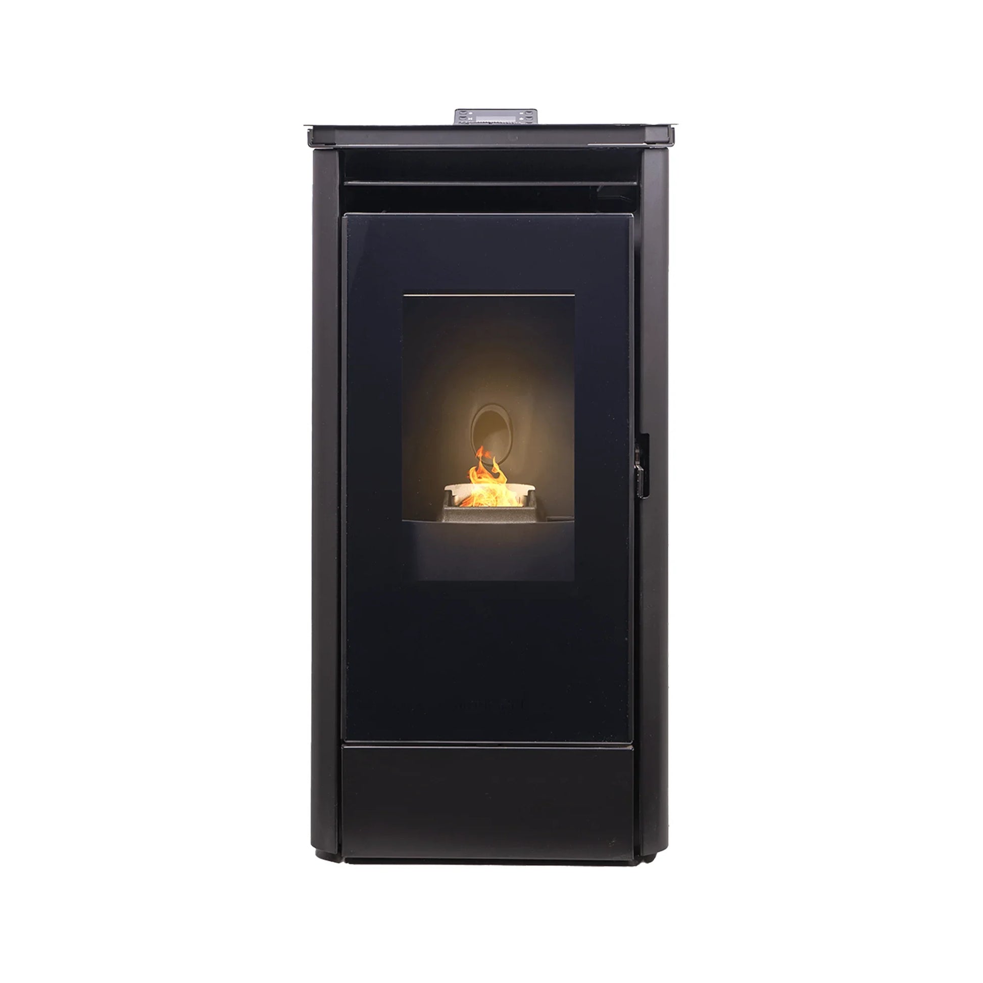 Estufa de pellets negra con puerta frontal de vidrio y llama visible en interior